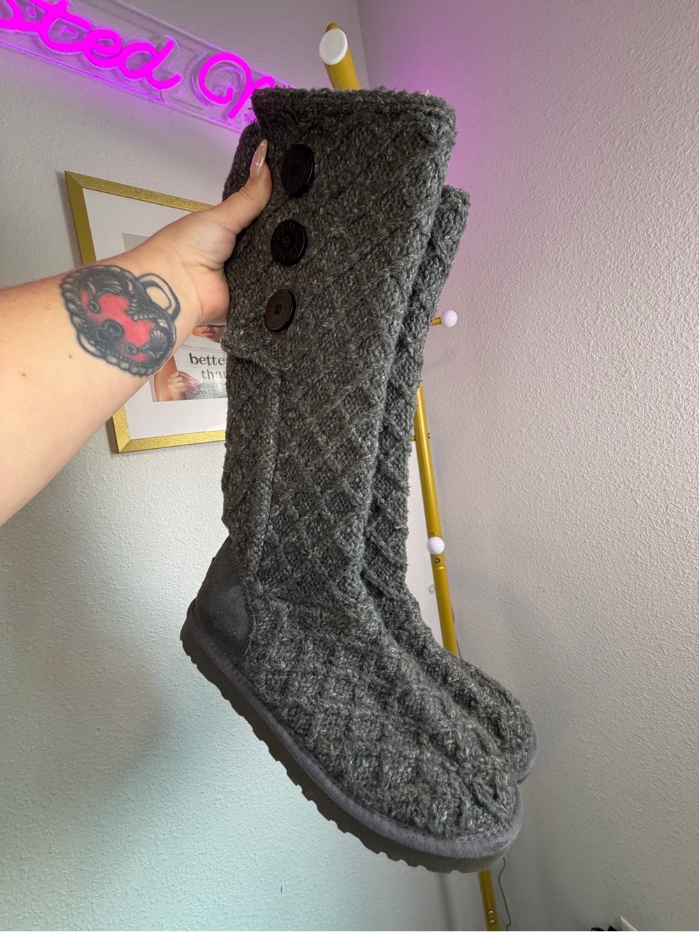 UGG AUSTRALIA GREY LATTICE CANDY WOOL KNIT BOOT; Pre-Owned, Women's Size 8